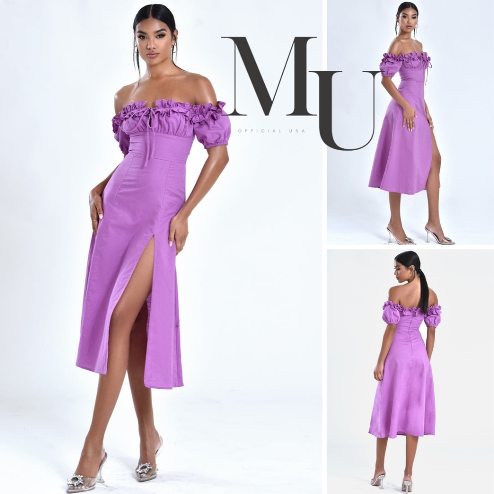 Off-Shoulder Purple Ruffled Midi Dress